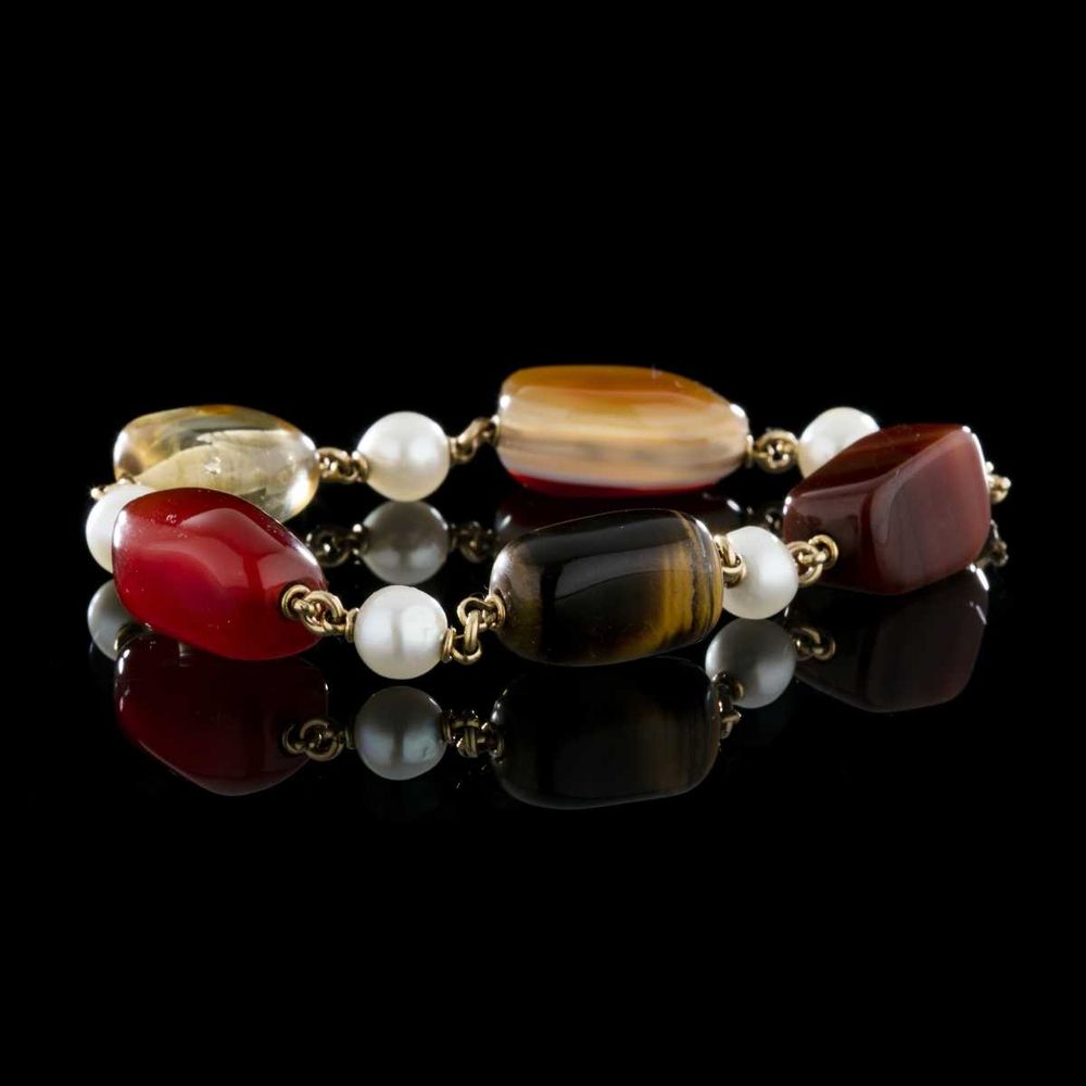 Pulseira Ouro Pérolas  Olho Tigre Quartzos Jaspe