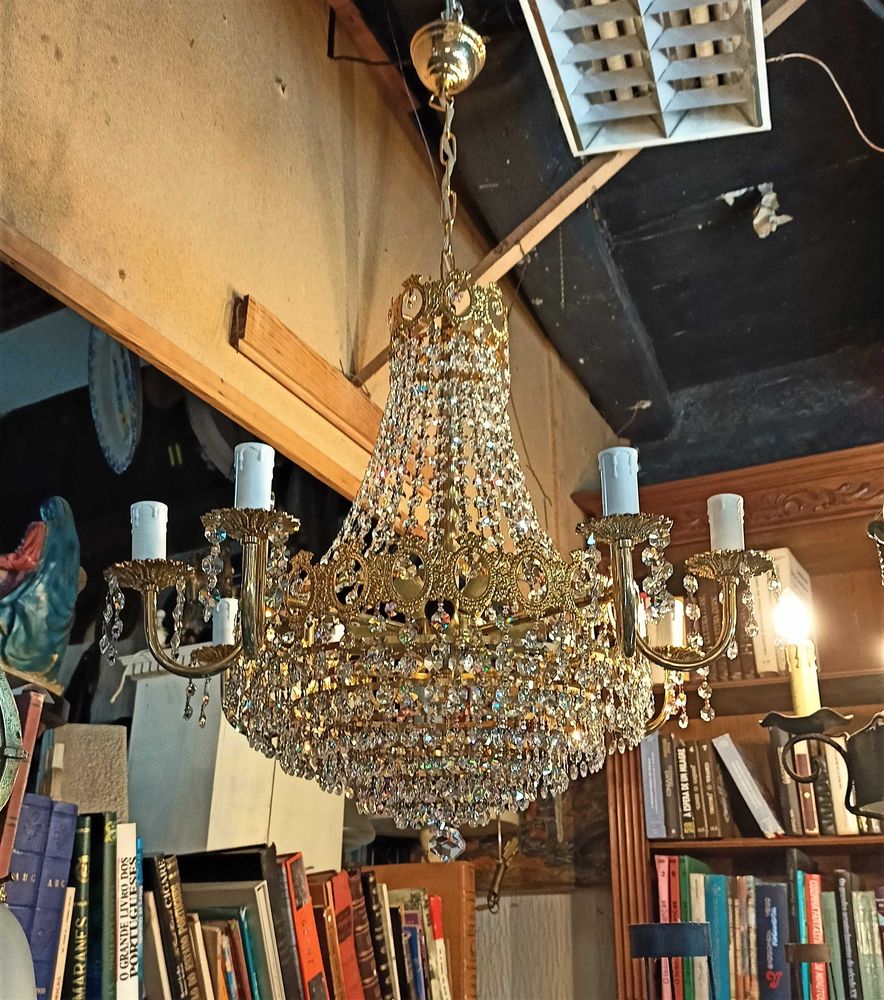 Lustre Dourado Banho Ouro Cristal 14 Lâmpadas