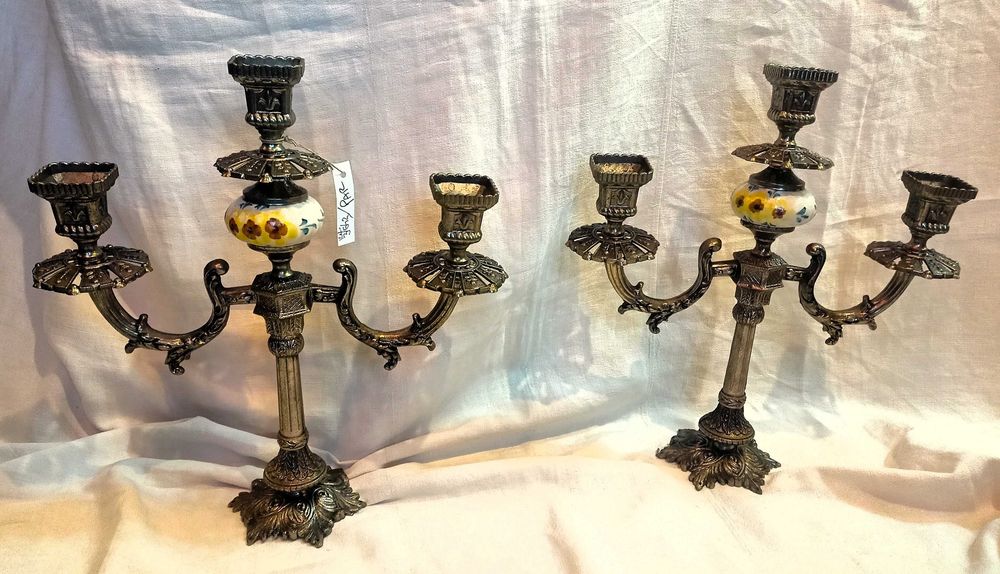Par Candelabros Metal Cerâmica